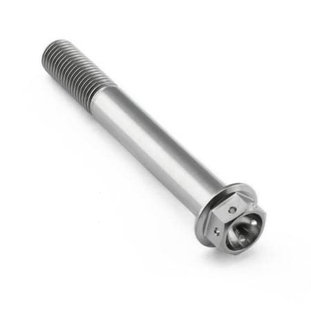 Flanged hex head titanium bolt in silver, measuring M10 x 1.25mm x 75mm, featuring a smooth shaft and a durable, lightweight design ideal for racing applications.