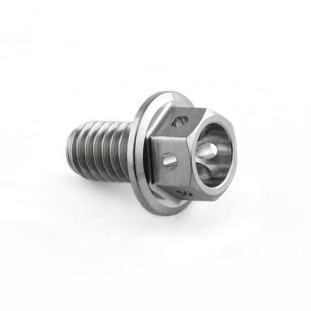 Flanged hex head titanium bolt in silver, featuring a hexagonal socket, threaded shaft, and a flange for added stability, measuring M6 x 1.00mm x 10mm.