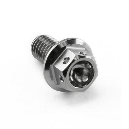Flanged hex head titanium bolt in silver, measuring M6 x 1.00mm x 12mm, featuring a polished finish and precision-engineered design for racing applications.