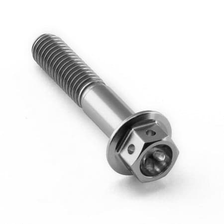Flanged hex head titanium bolt in silver, measuring M6 x 1.00mm x 32mm, featuring a smooth shaft and a hexagonal drive with three holes for secure fastening.
