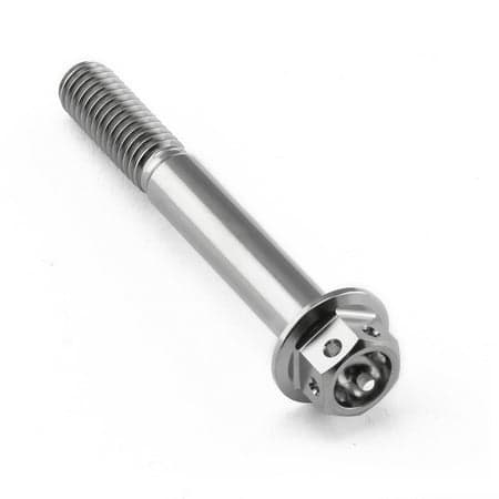 Flanged hex head titanium bolt in silver, measuring M6 x 1.00mm x 45mm, featuring a smooth shaft and a rounded flange for secure fastening.