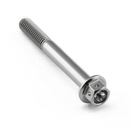 Flanged hex head titanium bolt in silver, measuring M6 x 1.00mm x 50mm, featuring a smooth shaft and a hexagonal head for easy installation.