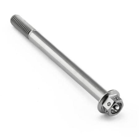 Flanged hex head titanium bolt in a silver finish, measuring M6 x 1.00mm x 75mm, featuring a smooth shaft and a detailed head with three recessed holes for secure fastening.