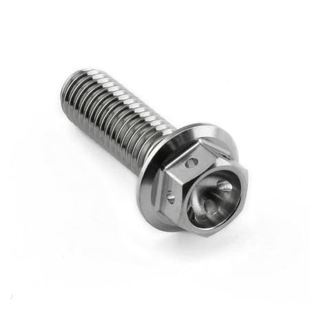 Flanged hex head titanium bolt in silver, measuring M8 x 1.25mm x 25mm, featuring a smooth, polished finish and deep hex socket for enhanced grip.