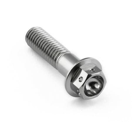 Flanged hex head titanium bolt in silver, measuring M8 x 1.25mm x 32mm, featuring a smooth finish and a six-sided head for easy installation.