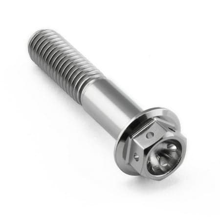 Flanged hex head titanium bolt in silver, measuring M8 x 1.25mm x 40mm, featuring a smooth shaft and a hexagonal head with a recessed socket for torque application.