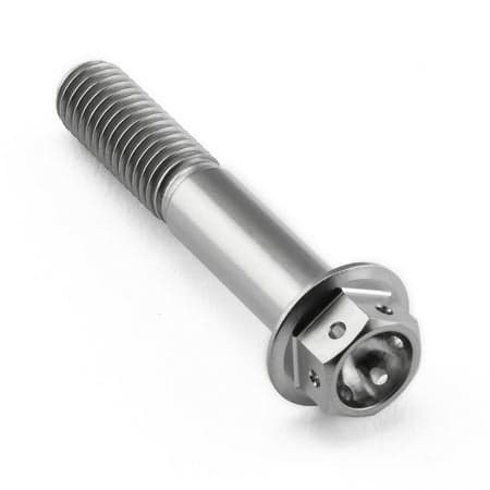 Flanged hex head titanium bolt in silver, measuring M8 x 1.25mm x 45mm, featuring a smooth shaft and a hexagonal socket for easy installation.