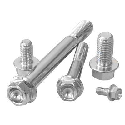 Flanged hex head stainless steel bolts in silver, featuring various lengths, with M6 x 1.00mm threading, designed for durability and strength in mechanical applications.