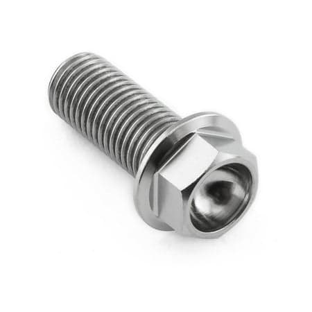 Flanged hex head titanium bolt in natural finish, M10 size, with a 1.25mm thread pitch and 25mm length, featuring a shiny, corrosion-resistant surface.