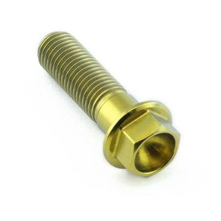Flanged hex head titanium bolt in gold, measuring M10 x 1.25mm x 35mm, featuring a smooth, shiny finish and visible threading along the shaft.