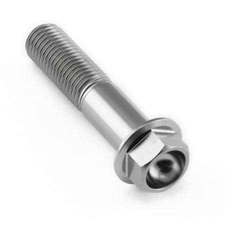 Flanged hex head titanium bolt in natural finish, M10 size, 1.25mm thread pitch, 45mm length with a 27mm flange diameter, showcasing a sleek, metallic appearance.