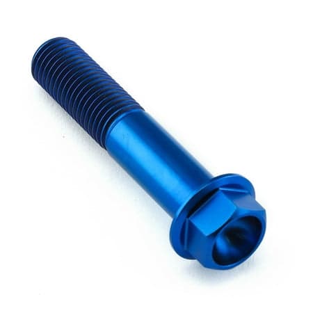 Flanged hex head titanium bolt in vibrant blue, measuring M10 x 1.25mm x 50mm with a 27mm flange, featuring a smooth, shiny finish and deep threads for secure fastening.