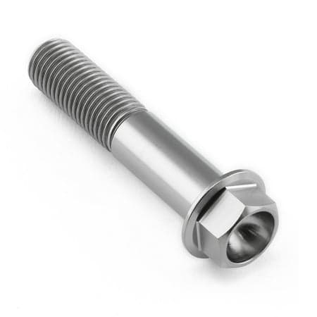 Flanged hex head titanium bolt in natural finish, measuring M10 x 1.25mm x 50mm with a 27mm flange, featuring a smooth shaft and prominent hexagonal head.
