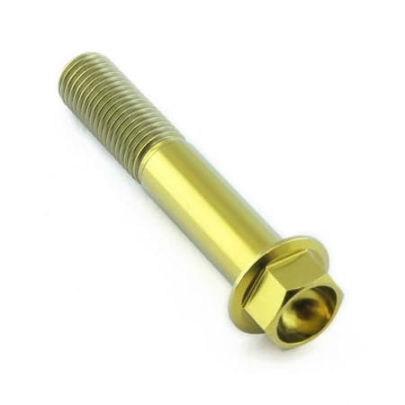 Flanged hex head titanium bolt in gold finish, measuring M10 x 1.25mm x 55mm with a 22mm flange, featuring a smooth, shiny surface and distinct threading.