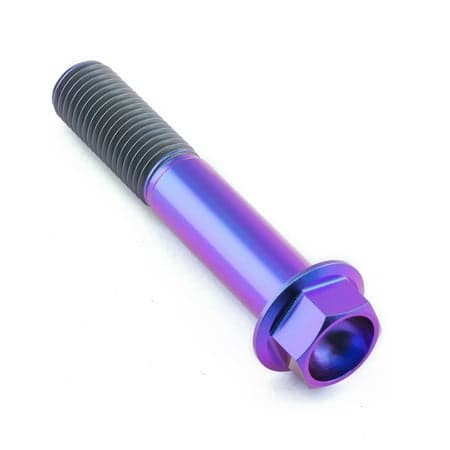 Flanged hex head titanium bolt in purple, measuring M10 x 1.25mm x 55mm with a 22mm flange, featuring a smooth, shiny finish and distinct threading.