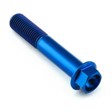 Flanged hex head titanium bolt in vibrant blue, measuring M10 x 1.25mm x 57mm with a 24mm flange, featuring a smooth finish and deep hex socket for easy installation.