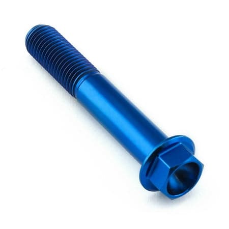Flanged hex head titanium bolt in vibrant blue, measuring M10 x 1.25mm x 60mm with a 27mm flange, featuring a smooth finish and deep threads for secure fastening.