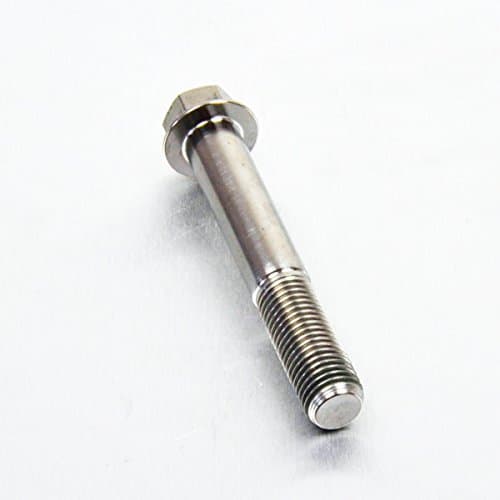 Flanged hex head titanium bolt in natural finish, measuring M10 x 1.25mm x 65mm with a 27mm flange, showcasing a sleek, metallic appearance and threaded shaft.