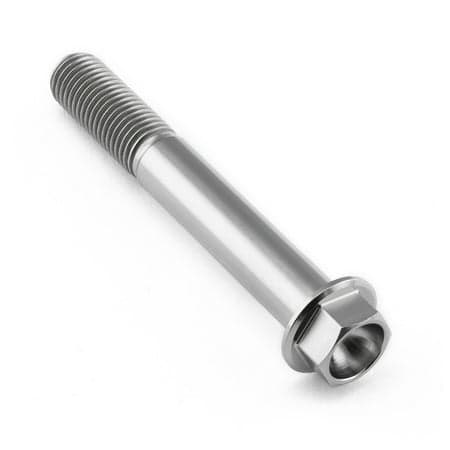 Flanged hex head titanium bolt in natural finish, measuring M10 x 1.25mm x 70mm with a 30mm length, featuring a smooth shaft and hexagonal nut for secure fastening.