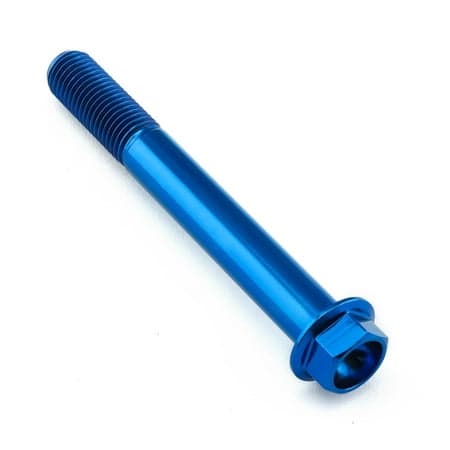 Flanged hex head titanium bolt in vibrant blue, measuring M10 x 1.25mm x 80mm with a 23mm flange, showcasing a smooth, polished finish and precision threading.