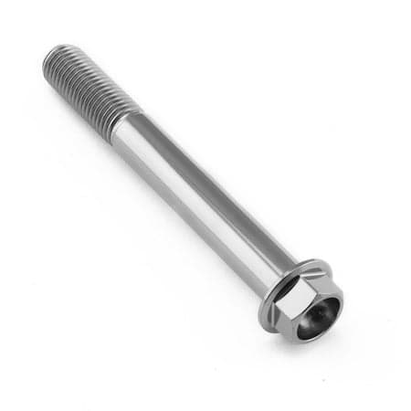 Flanged hex head titanium bolt in natural finish, M10 size, 1.25mm thread pitch, 80mm length with a 23mm flange diameter, featuring a smooth, shiny surface.
