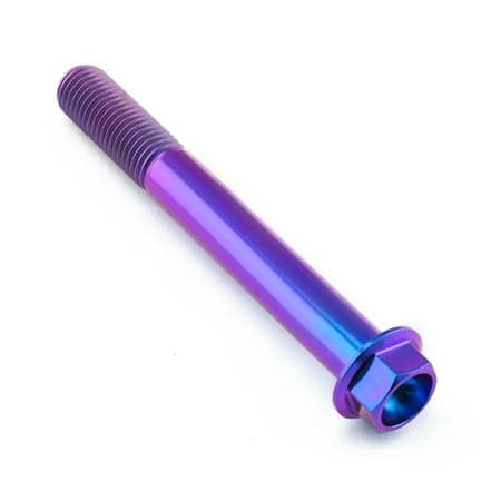 Flanged hex head titanium bolt in purple, measuring M10 X 1.25mm X 80mm with a 23mm flange, showcasing a smooth, reflective surface and distinct threading.