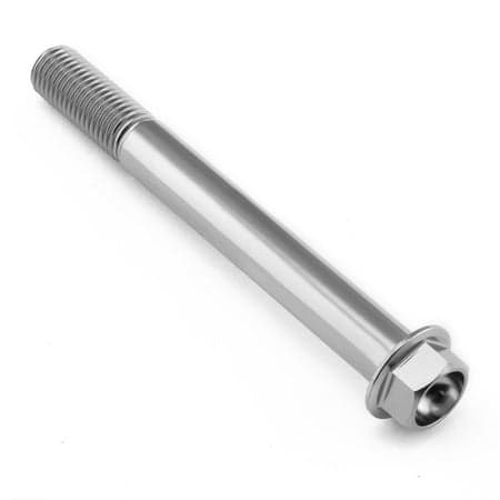 Flanged hex head titanium bolt in natural finish, measuring M10 x 1.25mm x 90mm with a 27mm flange, featuring a smooth, shiny surface and threaded shaft.