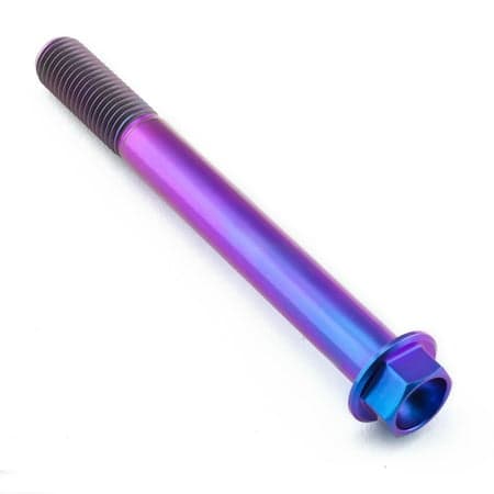 Flanged hex head titanium bolt in vibrant purple, measuring M10 x 1.25mm x 90mm, featuring a smooth finish and distinct threading.