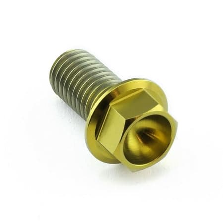 Gold titanium flanged hex head bolt, M10 size with a 1.50mm thread pitch and 20mm length, featuring a shiny finish and distinct hexagonal head for easy installation.