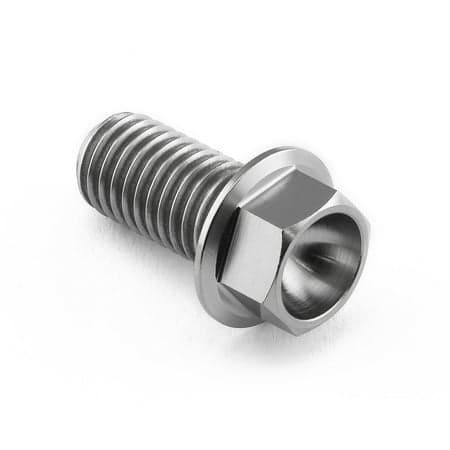 Flanged hex head titanium bolt in natural finish, M10 size, with a 1.50mm thread pitch and 20mm length, showcasing a sleek, corrosion-resistant design.