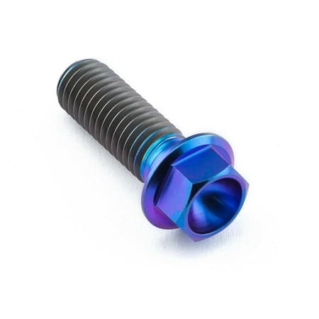 Flanged hex head titanium bolt in purple, measuring M10 x 1.50mm x 30mm, featuring a smooth shaft and a shiny, vibrant finish.