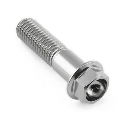 Flanged hex head titanium bolt in natural finish, measuring M10 x 1.50mm x 40mm with a 25mm thread length, showcasing a shiny, durable surface and hexagonal head design.