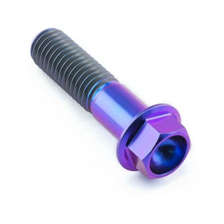 Flanged hex head titanium bolt in purple, measuring M10 x 1.50mm x 40mm, featuring a shiny finish and distinct threading for enhanced grip and durability.