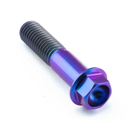 Flanged hex head titanium bolt in vibrant purple, measuring M10 x 1.50mm x 45mm, featuring a smooth finish and distinct threading for secure fastening.