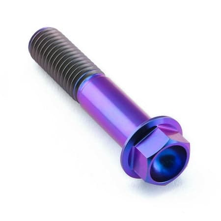 Flanged hex head titanium bolt in vibrant purple, measuring M10 x 1.50mm x 50mm, featuring a smooth, shiny finish and prominent threading along the shaft.