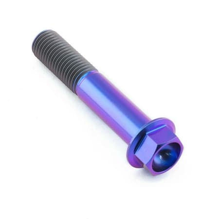Flanged hex head titanium bolt in purple, measuring M10 x 1.50mm x 55mm, featuring a smooth, shiny finish and a hexagonal socket for easy installation.
