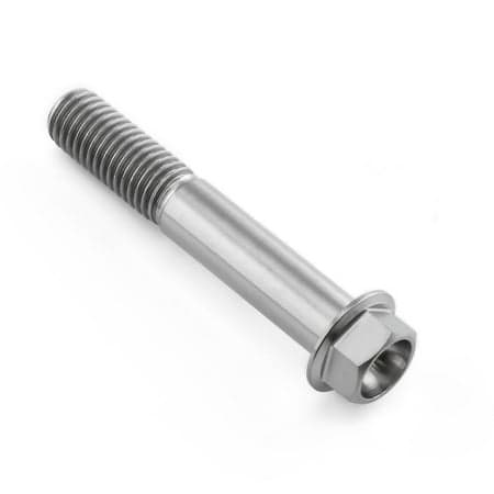 Flanged hex head titanium bolt in natural finish, measuring M10 x 1.50mm x 60mm with a 25mm flange, featuring a smooth, shiny surface and threaded shaft.