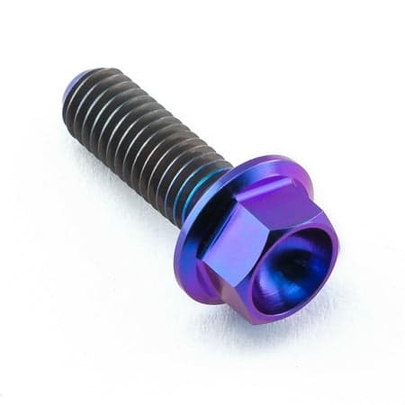 Flanged hex head titanium bolt in purple, measuring M5 x 0.80mm x 15mm with a 13mm head, featuring a shiny finish and deep grooves for enhanced grip.