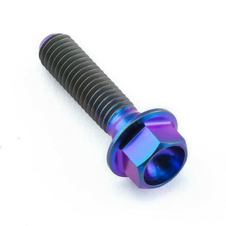 Flanged hex head titanium bolt in purple with a M5 x 0.80mm thread and 20mm length, featuring a shiny, iridescent finish and a 18mm wide flange.
