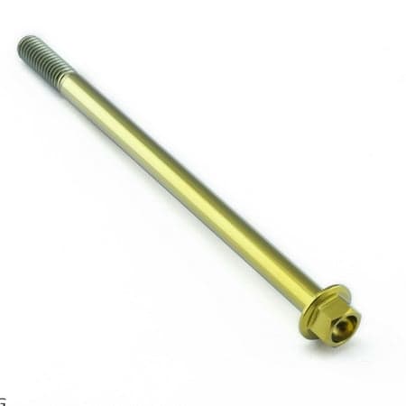 Gold titanium flanged hex head bolt, measuring M6 X 1.00mm X 100mm with a 25mm flange, featuring a smooth finish and threaded shaft for secure fastening.
