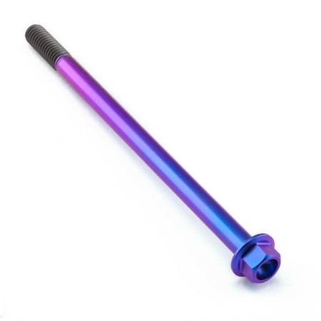 Flanged hex head titanium bolt in vibrant purple, measuring M6 x 1.00mm x 100mm with a 25mm length, featuring a smooth, shiny finish and threaded shaft.