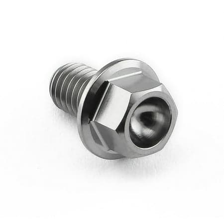 Flanged hex head titanium bolt in natural finish, measuring M6 x 1.00mm x 10mm with an 8mm head diameter, showcasing a sleek, durable design.