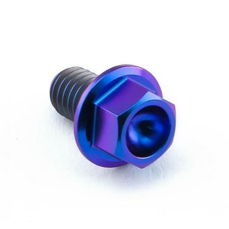 Flanged hex head titanium bolt in vibrant purple, measuring M6 X 1.00mm X 10mm, featuring a smooth finish and a rounded head design for enhanced grip.