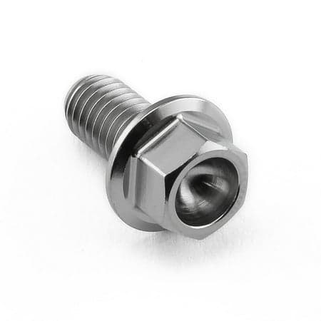 Flanged hex head titanium bolt in natural finish, measuring M6 x 1.00mm x 12mm, featuring a smooth, shiny surface and six-sided head for wrench fitting.