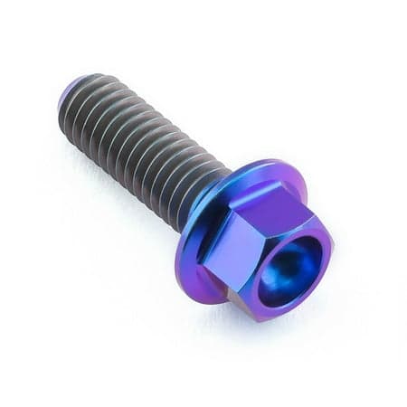 Flanged hex head titanium bolt in purple, measuring M6 x 1.00mm x 18mm with a 15mm flange, featuring a shiny finish and distinct hexagonal head design.