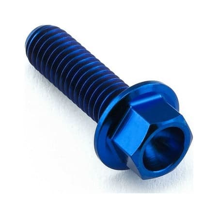 Flanged hex head titanium bolt in blue, measuring M6 x 1.00mm x 20mm with an 18mm flange, featuring a shiny finish and deep threads for secure fastening.