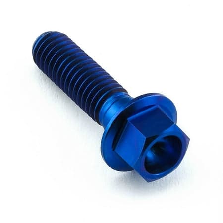 Flanged hex head titanium bolt in blue, measuring M6 x 1.00mm x 22mm, featuring a smooth shaft and a hexagonal socket for easy installation.
