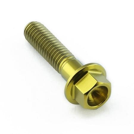 Flanged hex head titanium bolt in gold, measuring M6 x 1.00mm x 25mm, featuring a smooth shaft and a hexagonal head for tool compatibility.