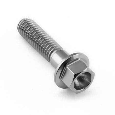 Flanged hex head titanium bolt in natural finish, measuring M6 x 1.00mm x 25mm, featuring a smooth shaft and a prominent hexagonal head for easy tightening.