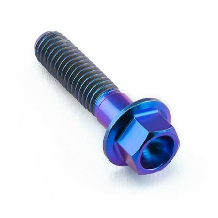 Flanged hex head titanium bolt in purple, measuring M6 x 1.00mm x 25mm, featuring a shiny finish and distinct threading for secure fastening.